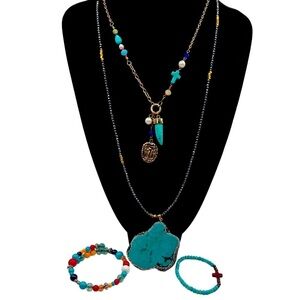 Boho Chic Faux Turquoise Statement Necklace & Bracelet Set